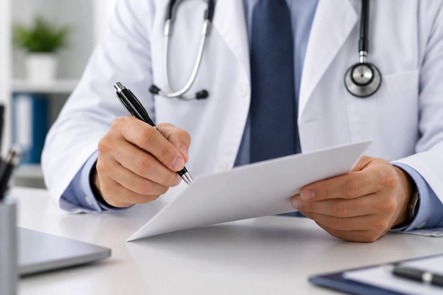 Médico de jaleco branco e estetoscópio ao pescoço escrevendo com caneta em uma folha, sentado à mesa do consultório